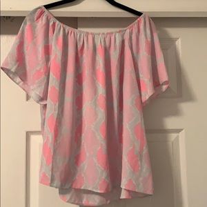 Pink snake skin off the shoulder blouse